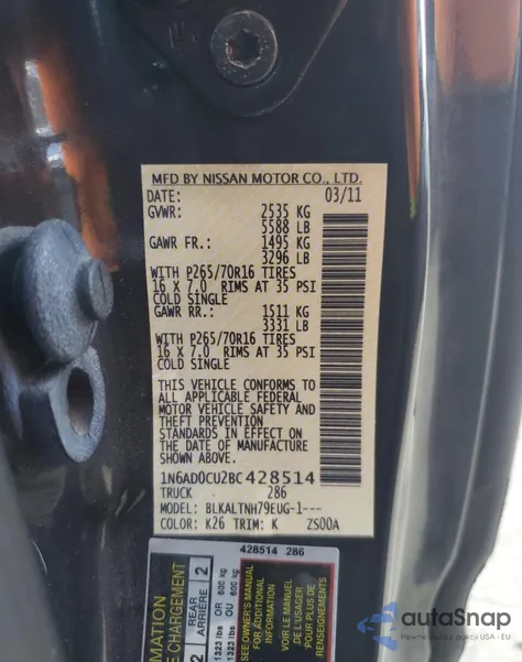 2011 Nissan Frontier Sv from USA, damaged, VIN 1N6AD0CU2BC428514